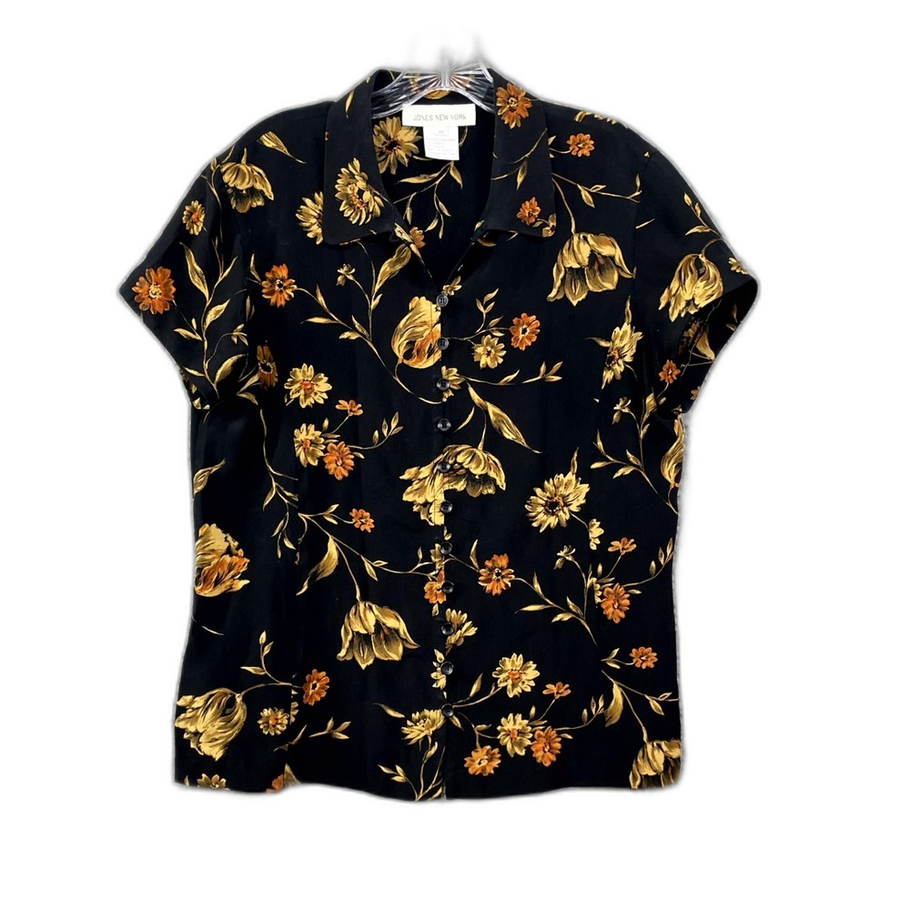 Jones New York Silk Blouse Top Womens 10 Black Floral Button Up Corpore Classic‎